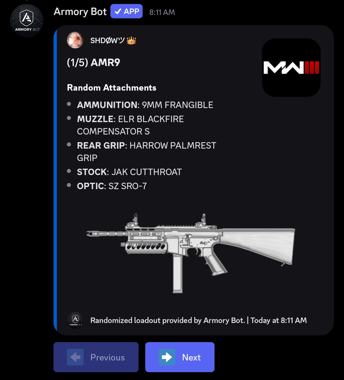 A screenshot of the /loadout command.
