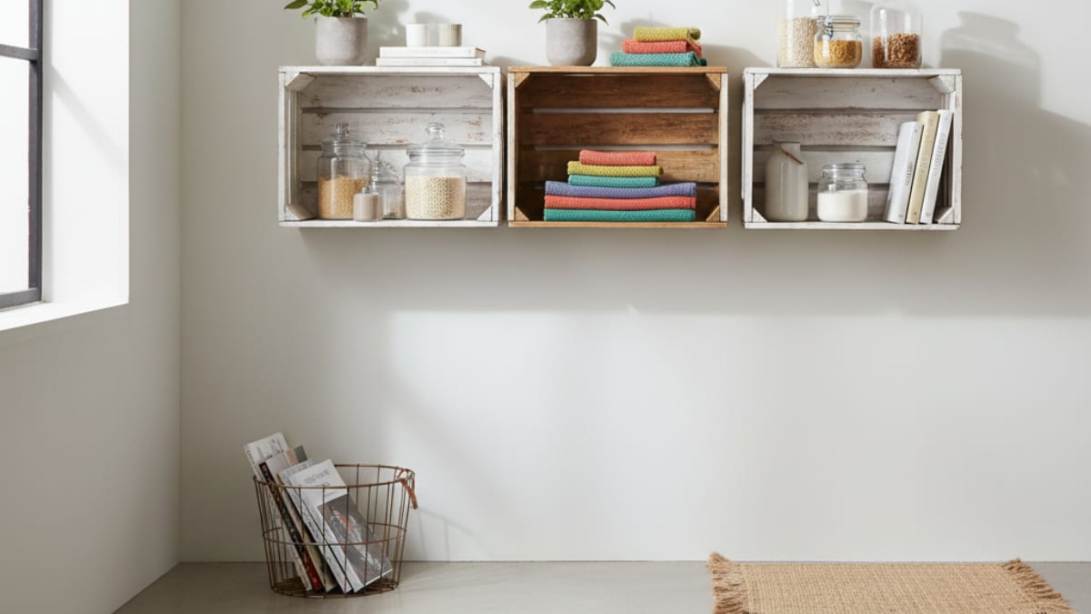Upcycled Wooden Crates for Shelving