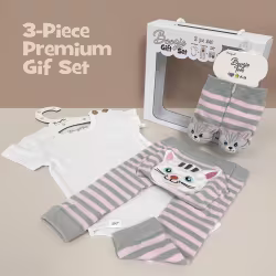 Gray/Pink Cat, 3-Pc Boogie Toes, Tight & Tee Baby Premium Gift Set - Thumbnail 1
