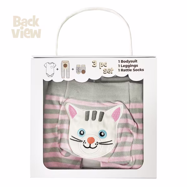 Gray/Pink Cat, 3-Pc Boogie Toes, Tight & Tee Baby Premium Gift Set - Image 6