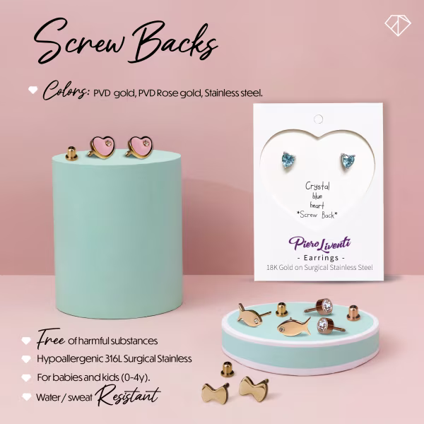 Crystal Blue Heart, Screwback Baby Earrings (White) - Image 4