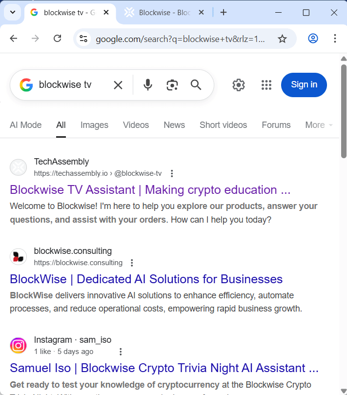 Google Search Results Screenshot Showing TechAssembly Business AI Assistant Ranking