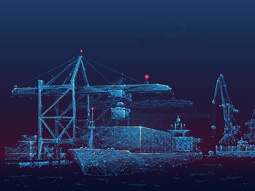 Trade port low poly wireframe banner template. Digital vector cargo ship, container, crane and warehouse in dark blue. Container ships, transportation, logistics, business, worldwide shipping concept