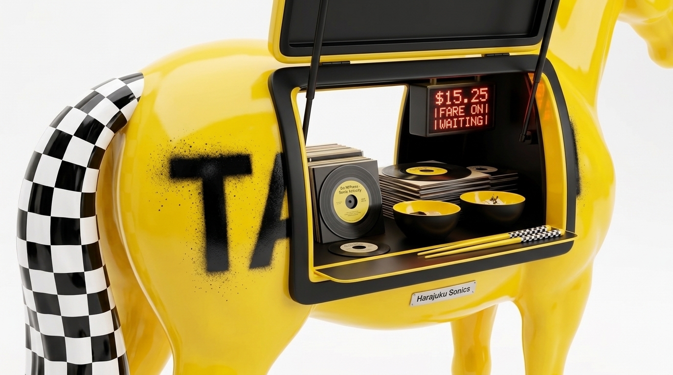 The yellow Taxi Horse — checker tail, spray-painted TAXI