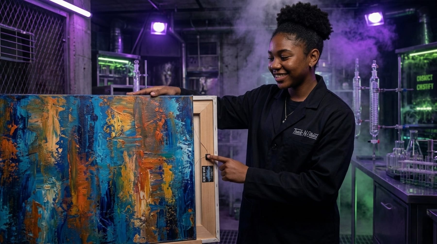 Student showing Sonic Wave painting with audio chip