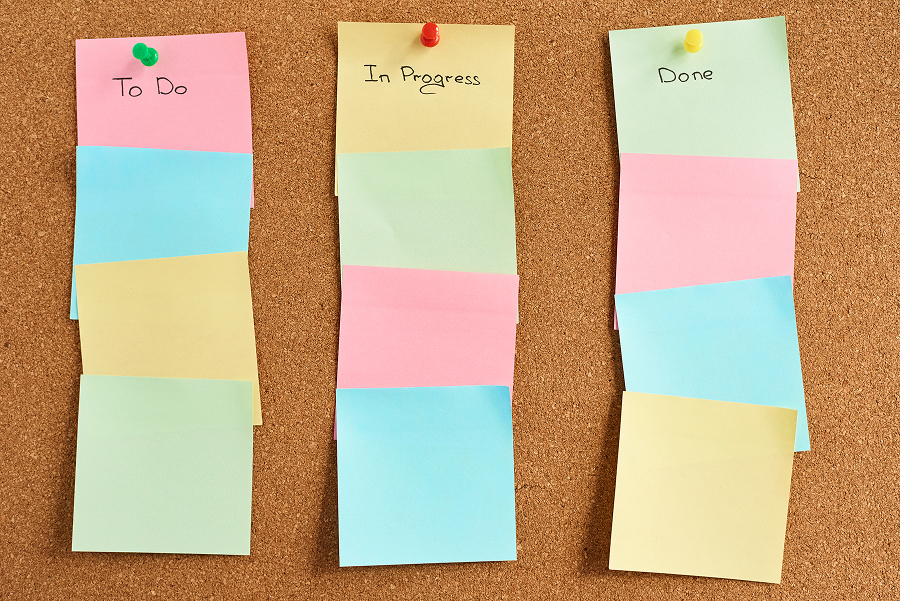 Sticky notes pinned to a corkboard in three columns headed To Do, In Progress and Done