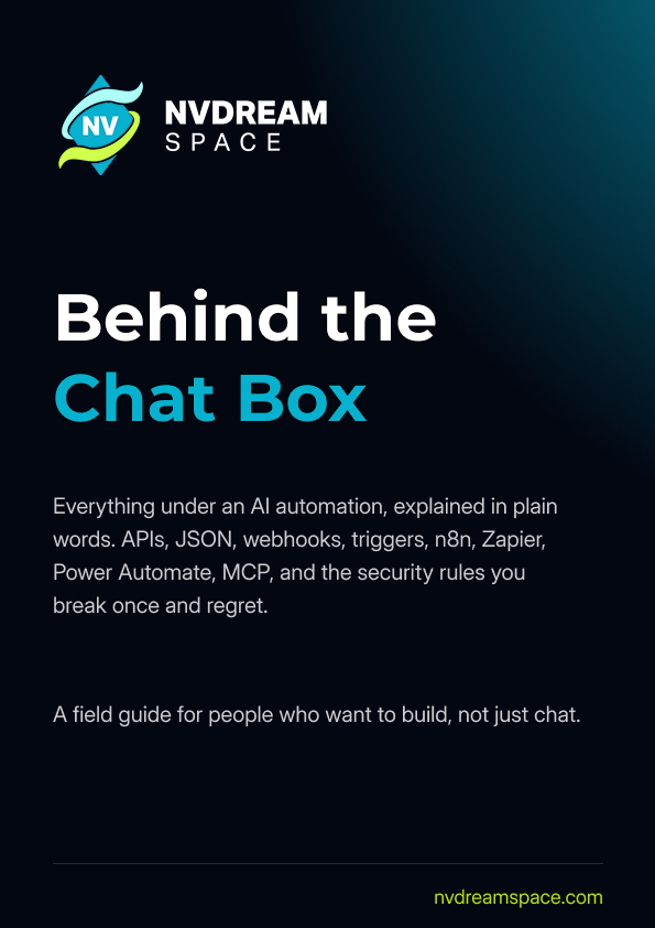 Cover of Behind the Chat Box, an AI automation field guide from NVDreamspace