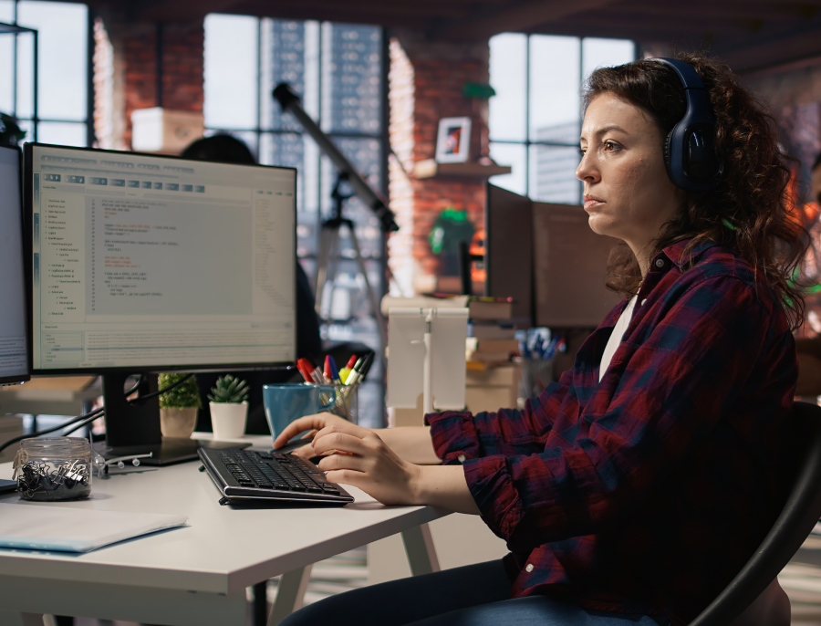 A woman in a plaid shirt working at a desktop computer in an open plan office, headphones on