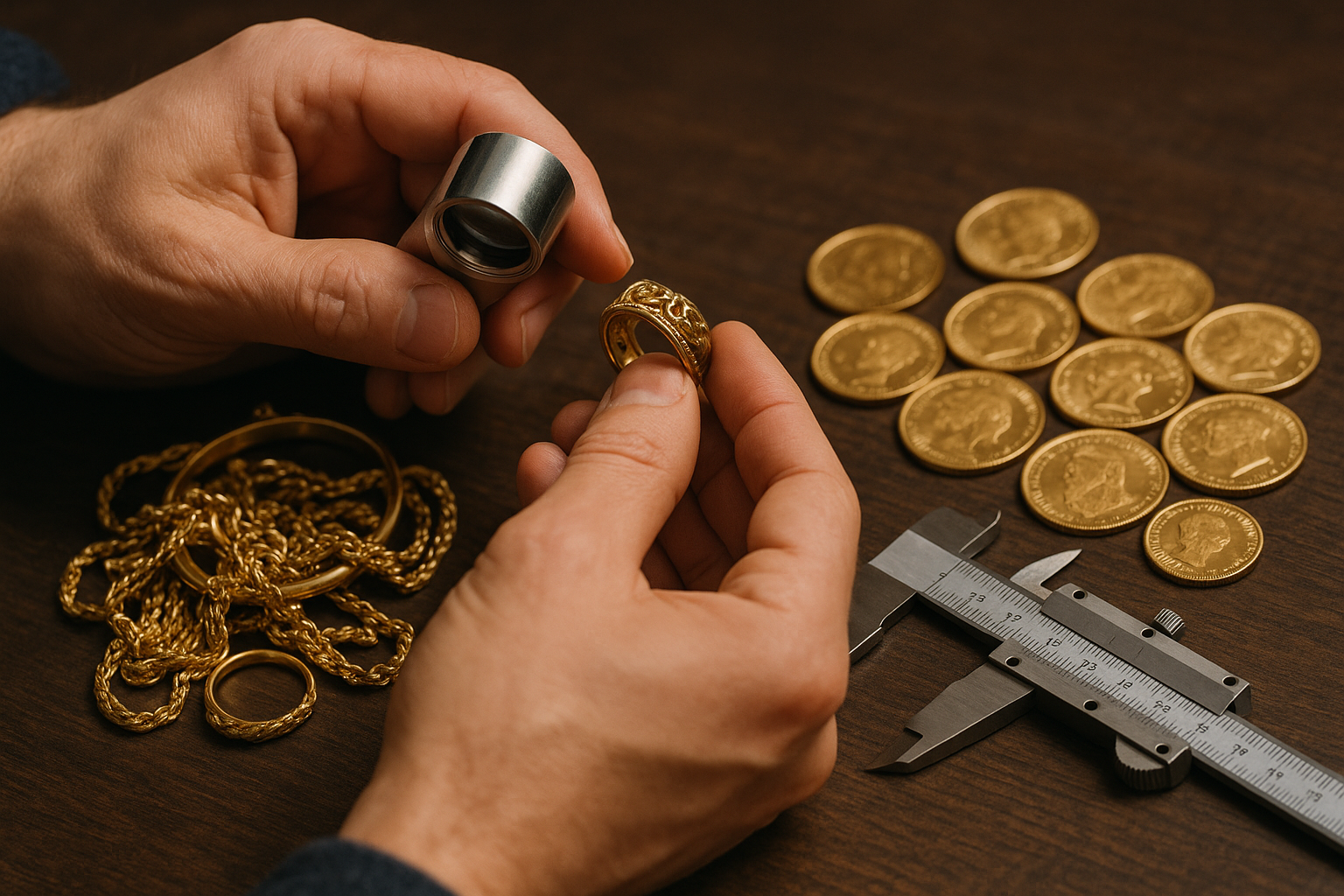 Gold jewelry and coins being evaluated