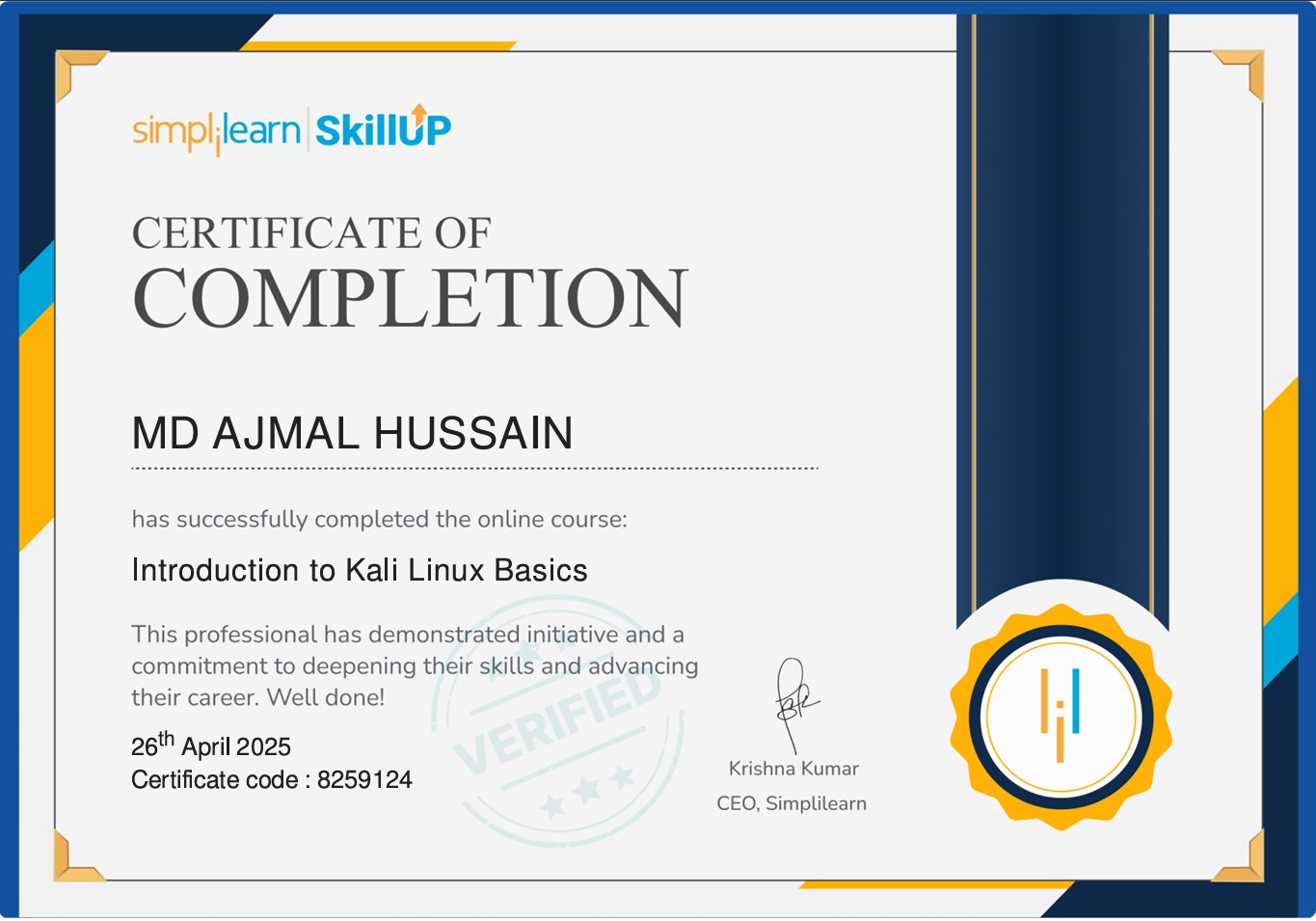 SimpliLearn Kali Linux Basics Certificate