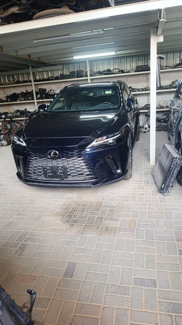 Dark blue Lexus RX SUV front cut — bumper, spindle grille, headlights and hood, Sharjah market