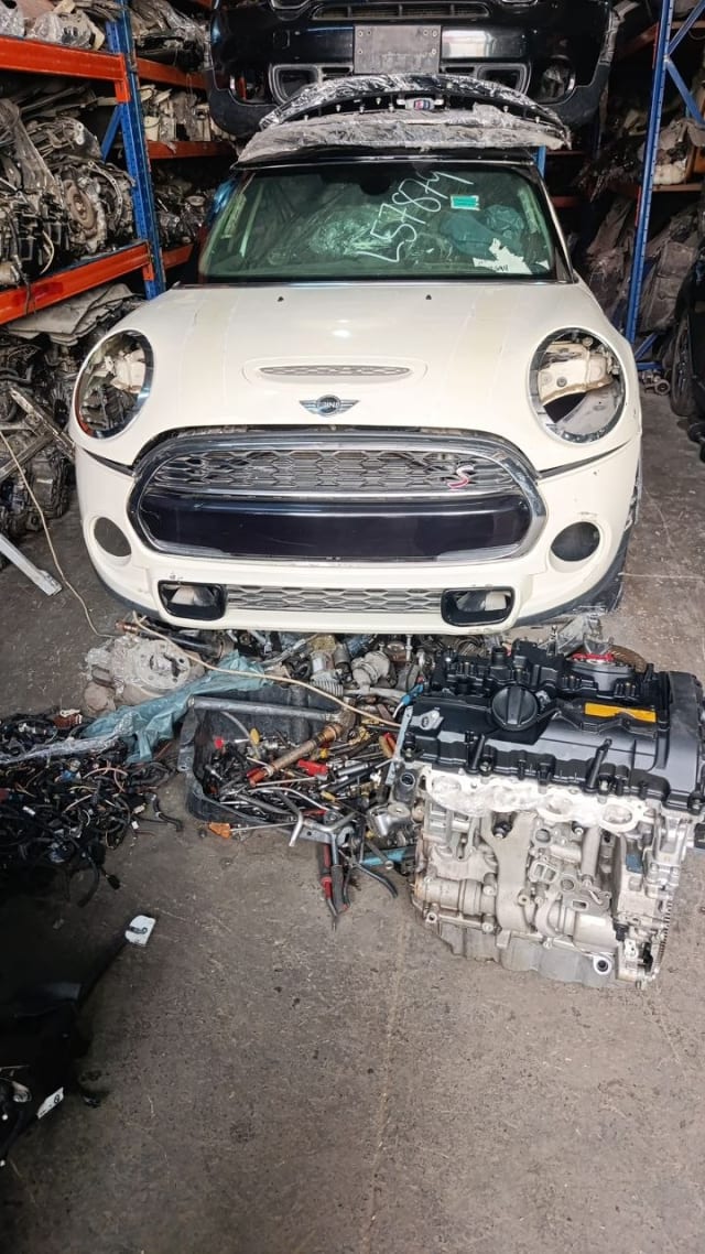 White MINI Cooper S F56 front halfcut — bumper, grille, hood and engine block, Sharjah market