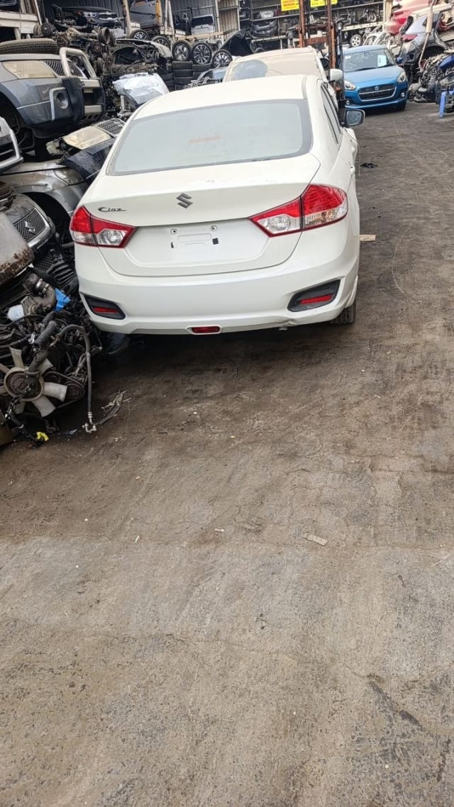 White Suzuki Ciaz sedan rear cut — bumper, tail lights and trunk lid, Sharjah market