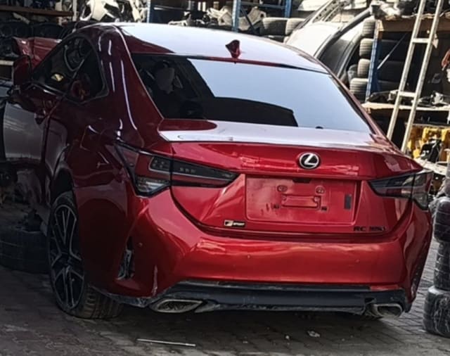 Red Lexus RC350 F Sport coupe rear cut — tailgate, tail lights and rear bumper, Sharjah market