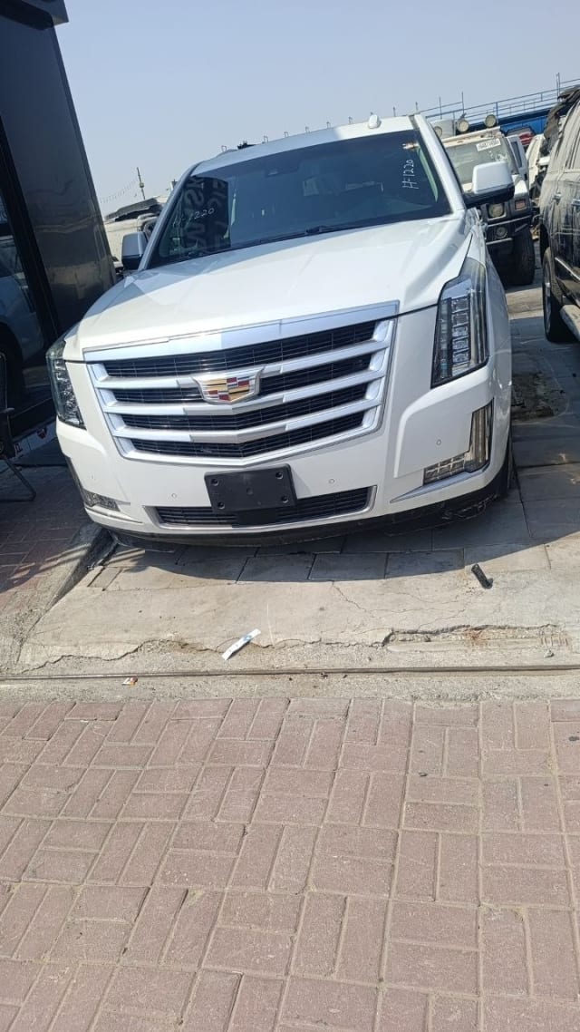 White Cadillac Escalade SUV front view — chrome grille, LED headlights, hood and bumper, Sharjah market