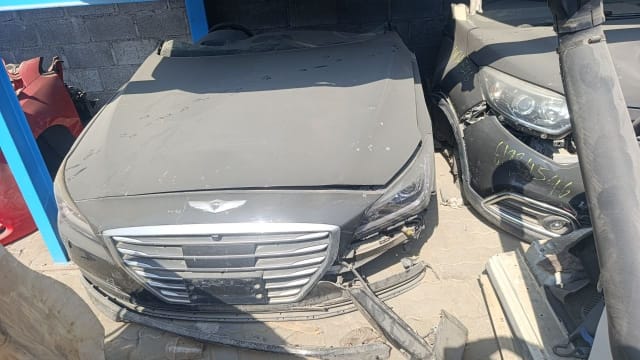 Dark grey Hyundai Genesis front halfcut — hood, chrome grille, headlights and loose bumper, Sharjah market