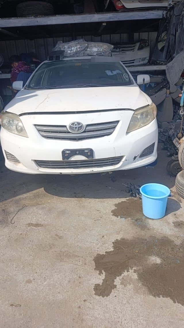 White Toyota Corolla sedan for parts, front view with bumper, grille, headlights and hood, Sharjah market