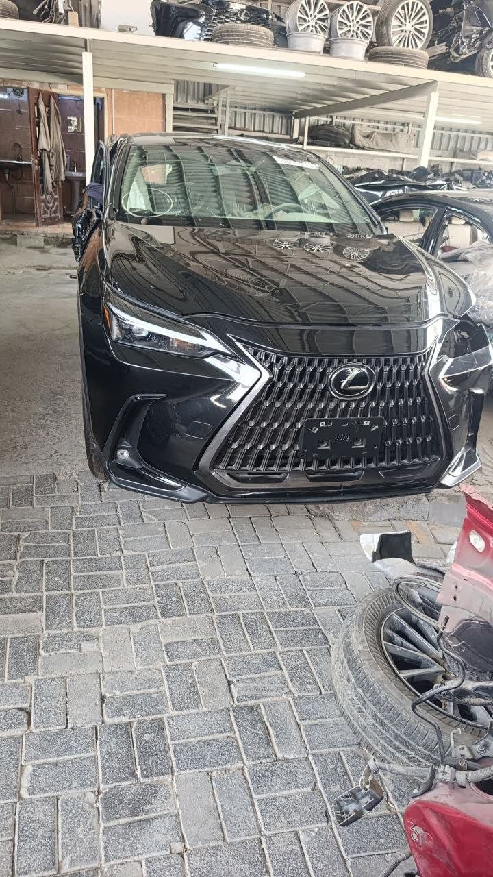 Black Lexus NX SUV front end — bumper, spindle grille, headlights and hood, Sharjah market