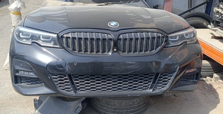 Dark grey BMW 3-Series front halfcut — bumper, kidney grille, LED headlights and hood, Sharjah market