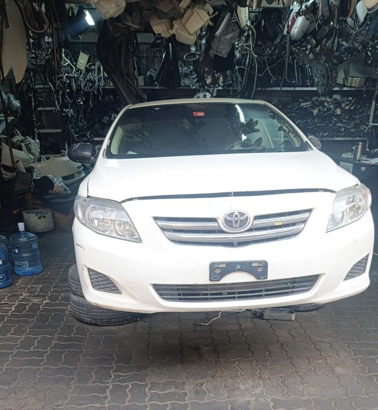 White Toyota Corolla sedan front cut — bumper, chrome grille, headlights and hood, Sharjah market