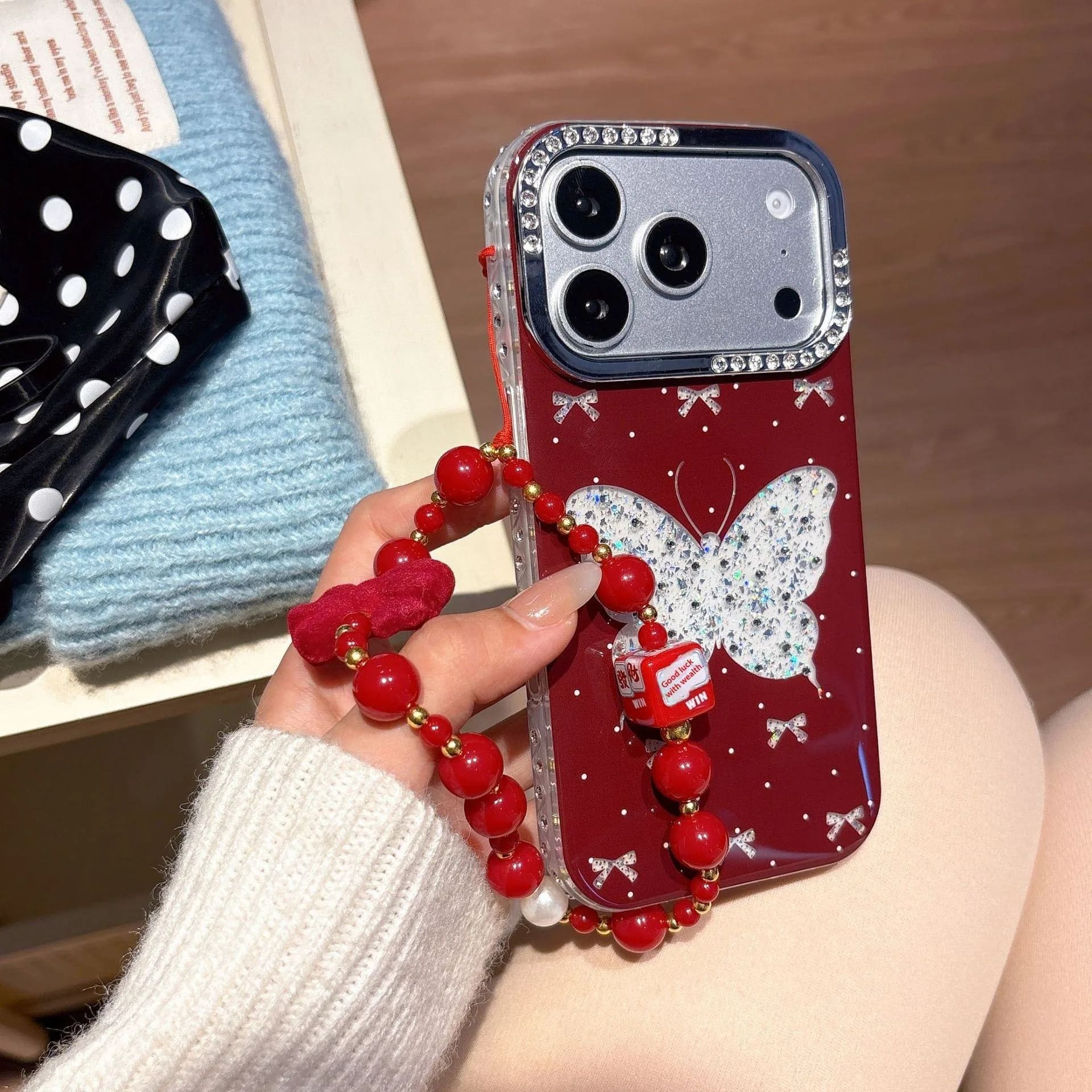 Red Butterfly Glitter Beaded Strap Case  image 4