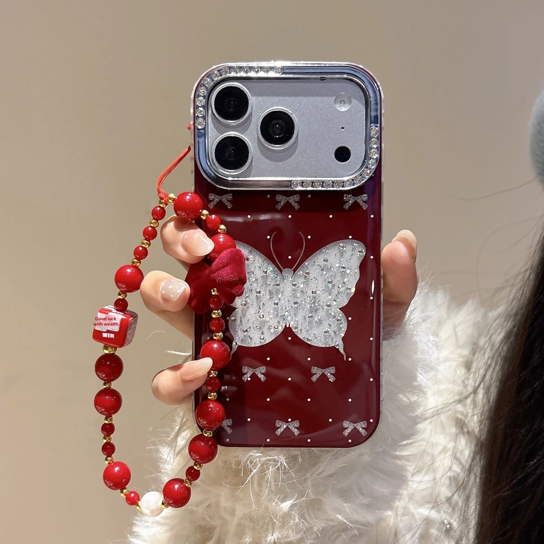 Red Butterfly Glitter Beaded Strap Case  image 7