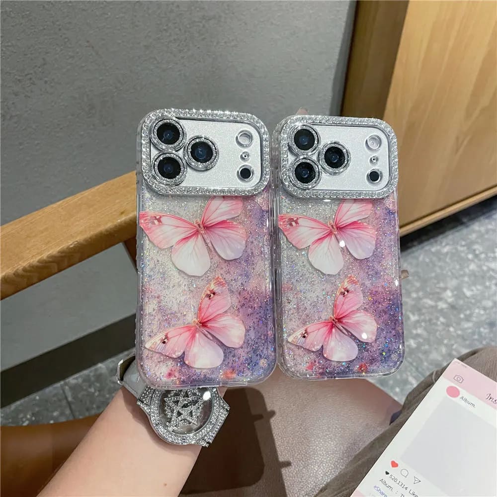 Pink Butterfly Glitter Diamond Case Mobile Cover