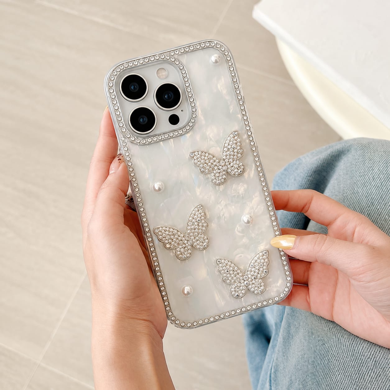 Pearl Butterfly Diamond Case for iPhone 16 Pro Max