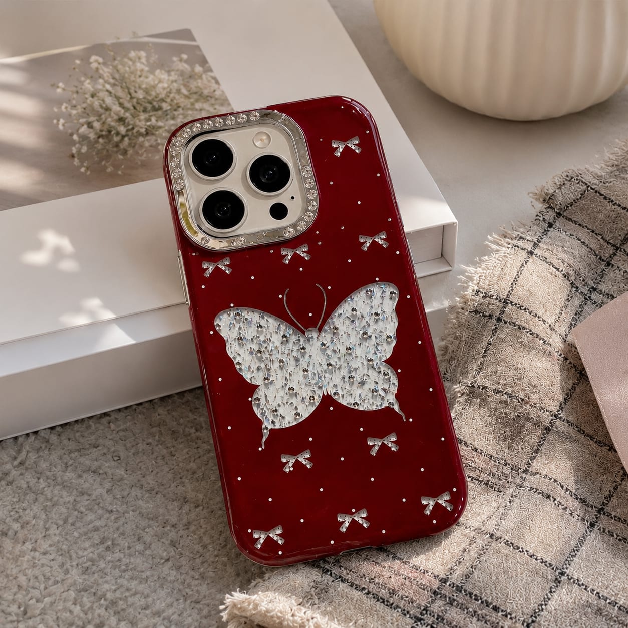 Red Butterfly Glitter Beaded Strap Case for iPhone 16 Pro Max