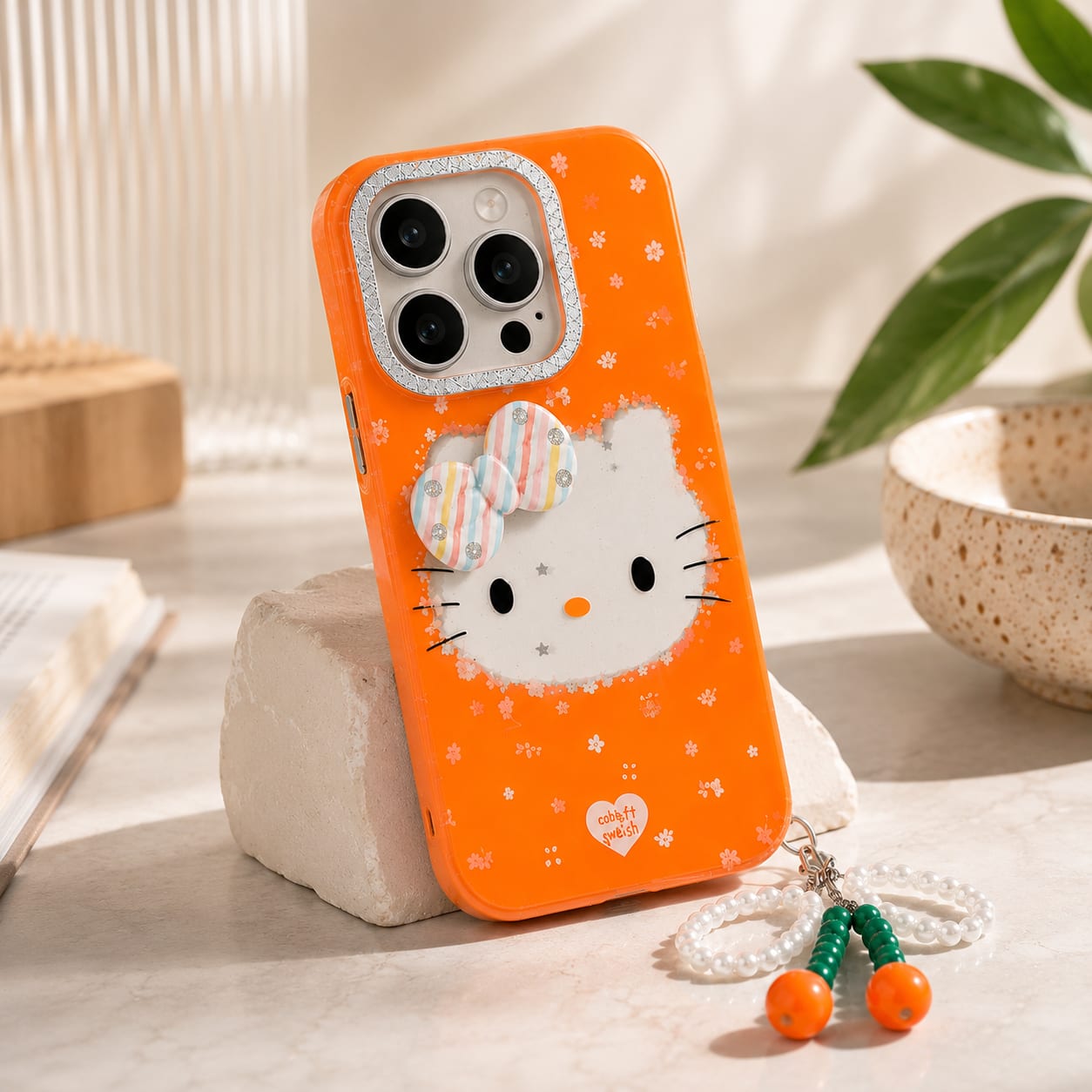 Cute Orange Kitty Charm Case for iPhone 16 Pro