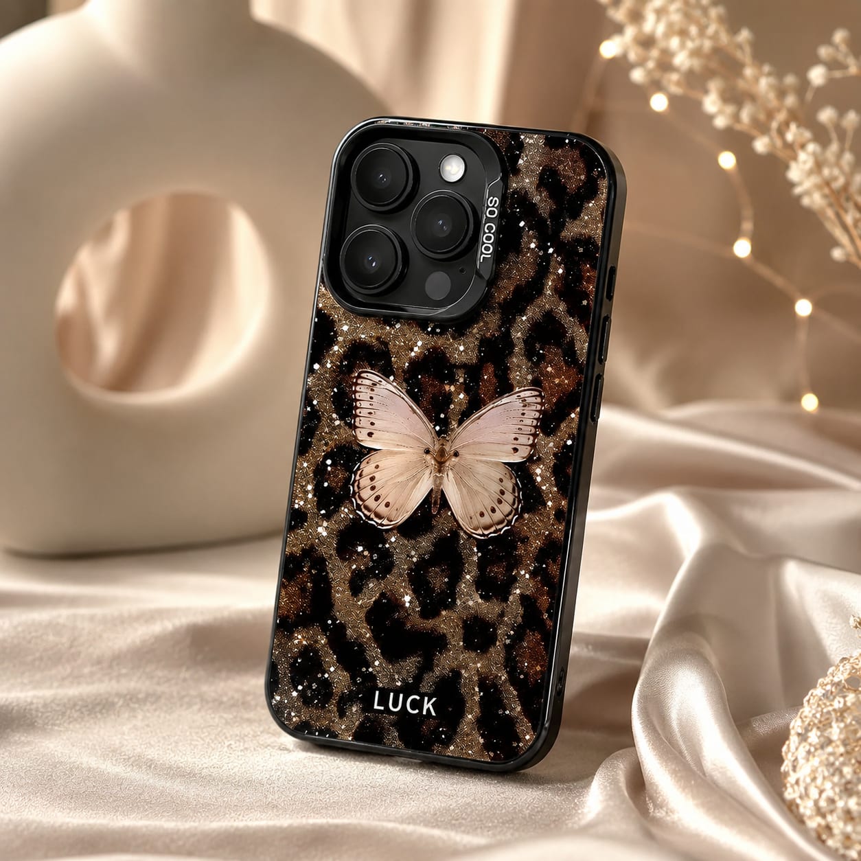 Leopard Butterfly Glitter Case for iPhone 15 Pro
