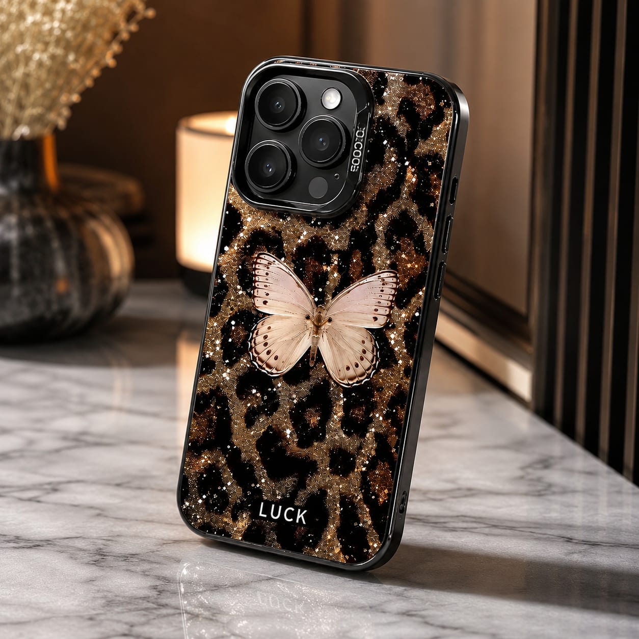 Leopard Butterfly Glitter Case for iPhone 15 Pro Max