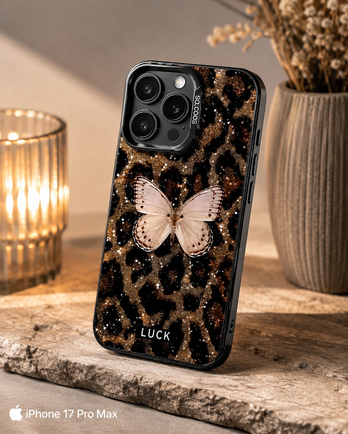 Leopard Butterfly Glitter Case for iPhone 16 Pro Max