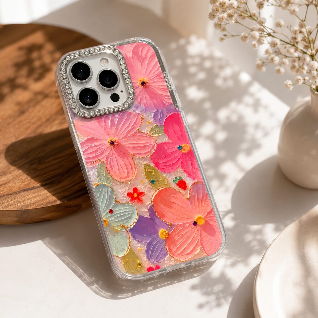 Pastel Bloom Diamond Flower Case for iPhone 15 Pro