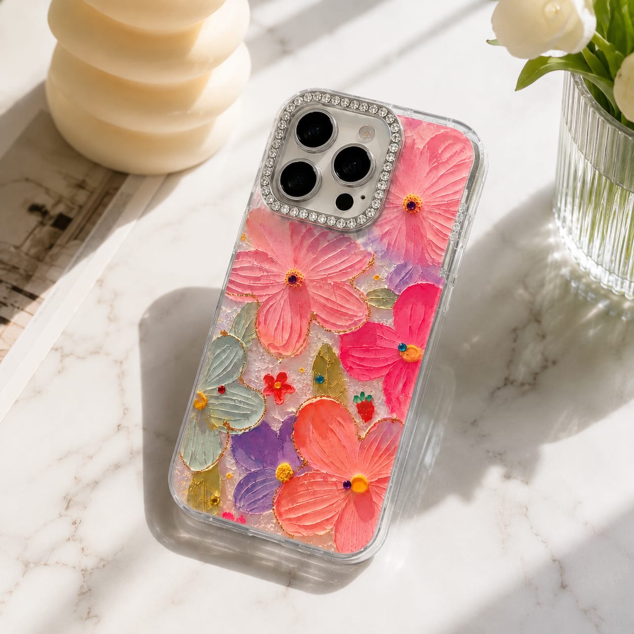 Pastel Bloom Diamond Flower Case for iPhone 16 Pro