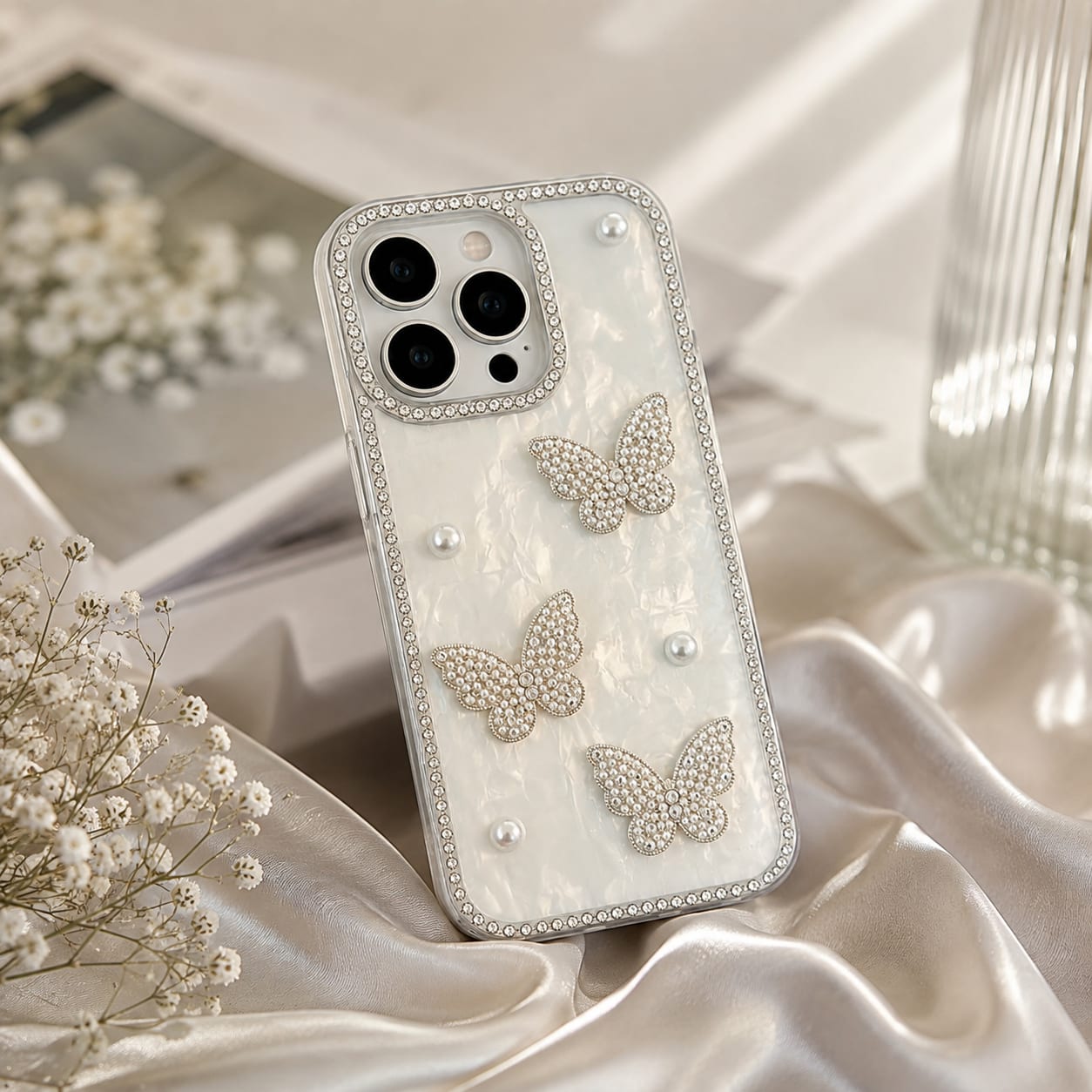 Pearl Butterfly Diamond Case for iPhone 15 Pro