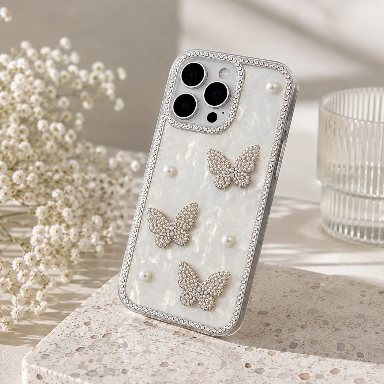 Pearl Butterfly Diamond Case for iPhone 16 Pro