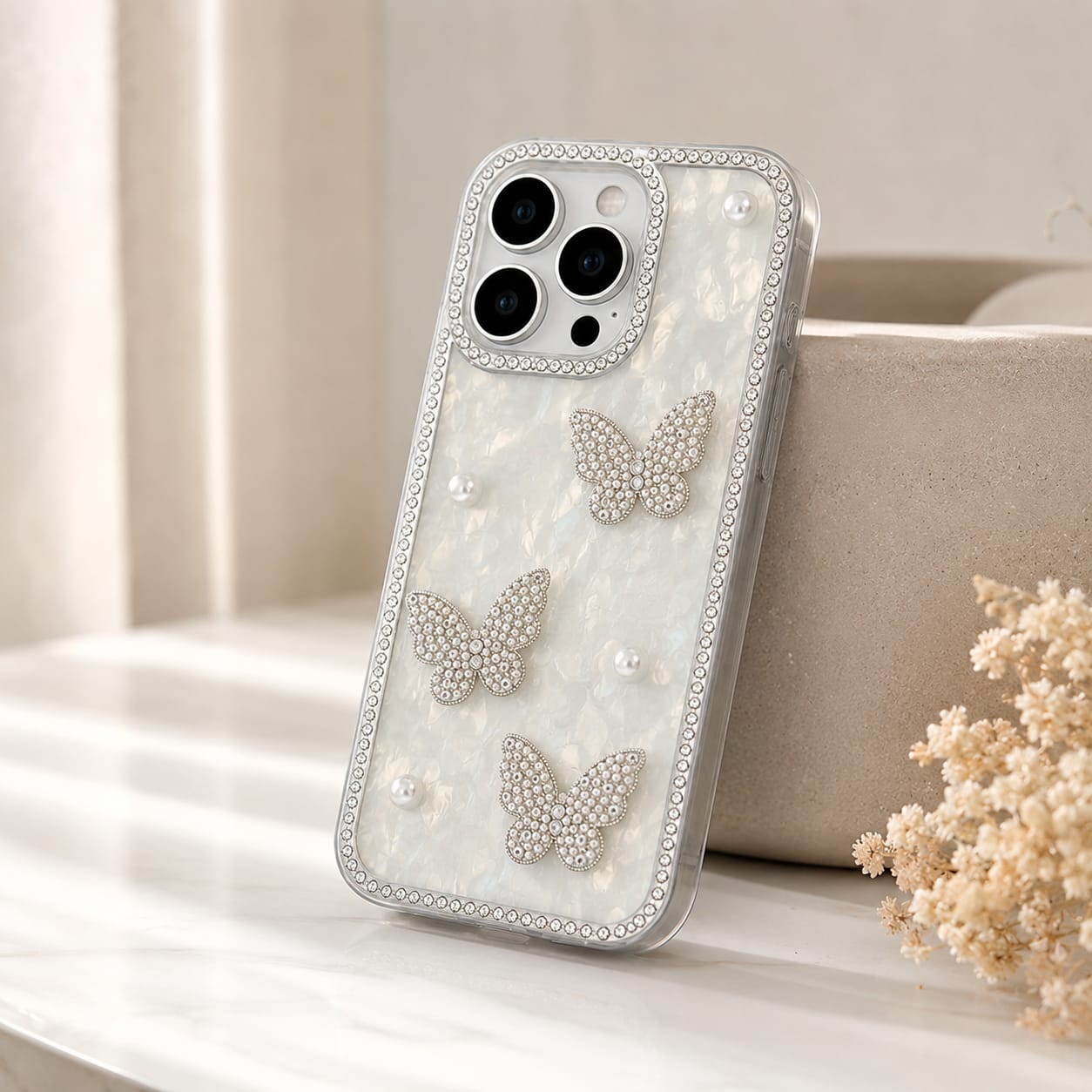 Pearl Butterfly Diamond Case for iPhone 15 Pro Max