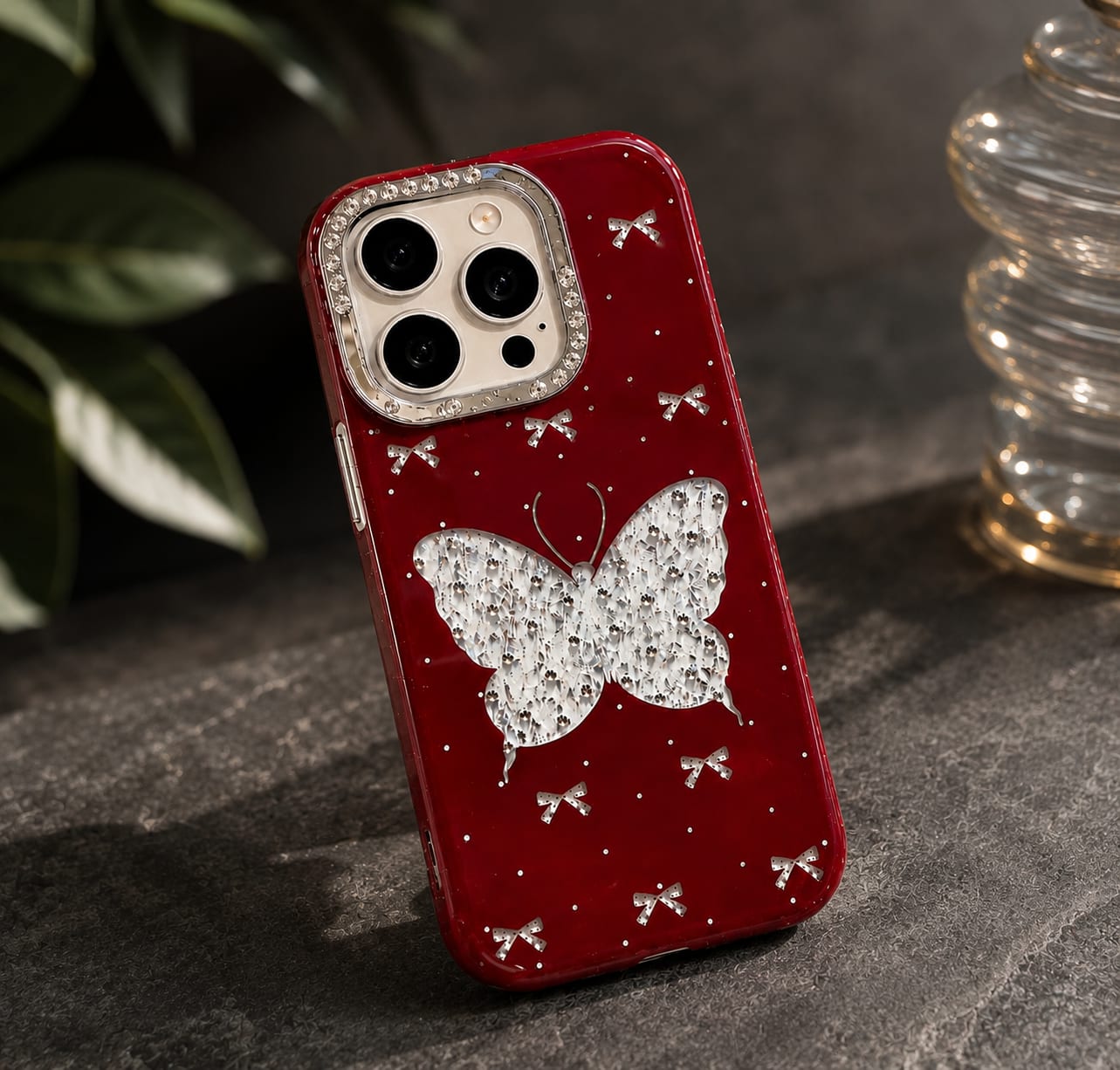 Red Butterfly Glitter Beaded Strap Case for iPhone 15 Pro Max