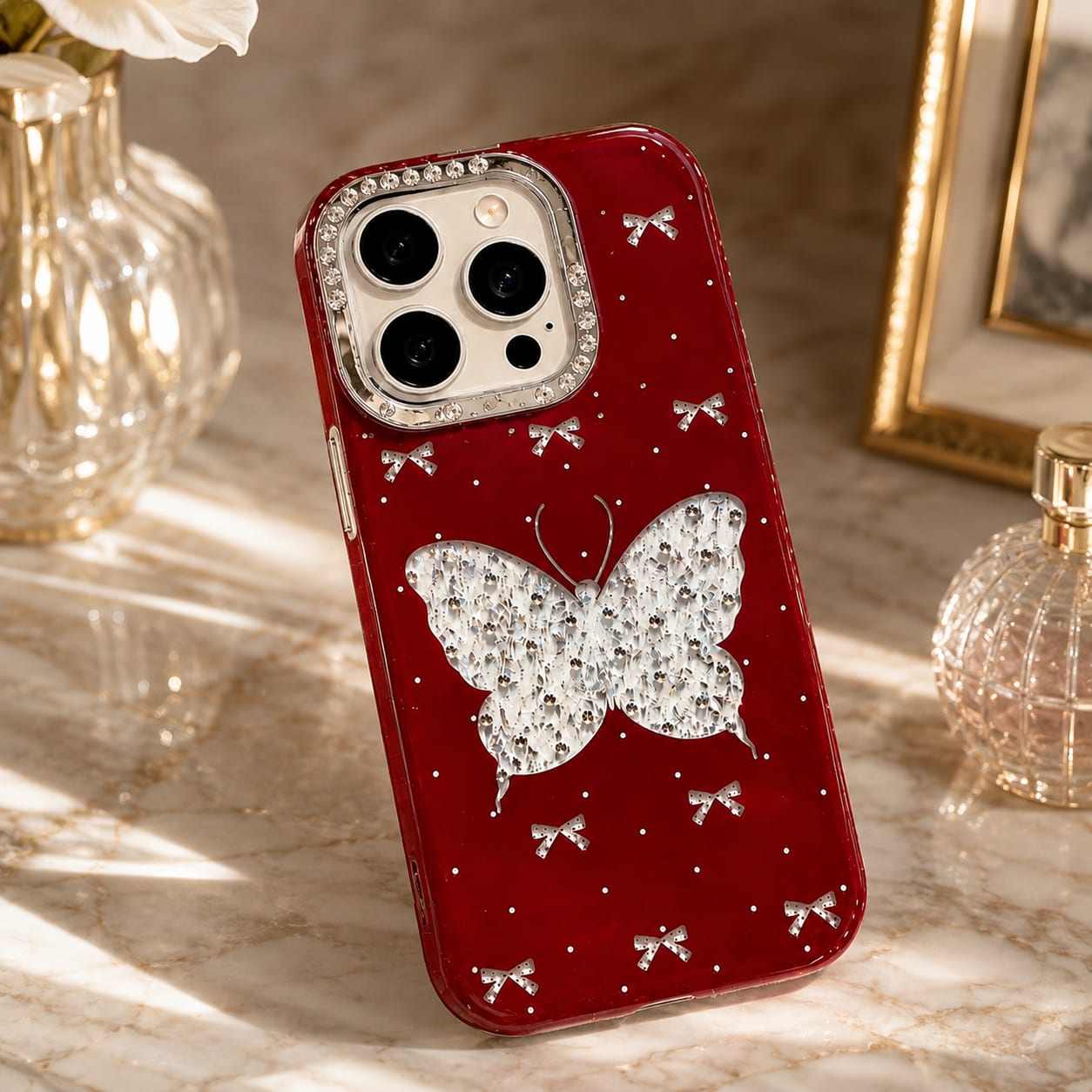 Red Butterfly Glitter Beaded Strap Case for iPhone 15 Pro