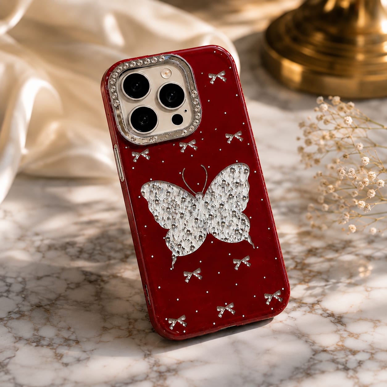 Red Butterfly Glitter Beaded Strap Case for iPhone 16 Pro