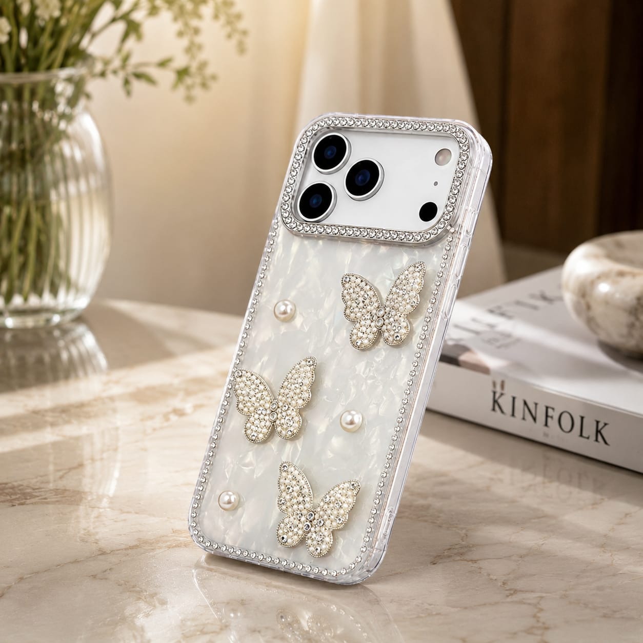 Pearl Butterfly Diamond Case for iPhone 17 Pro