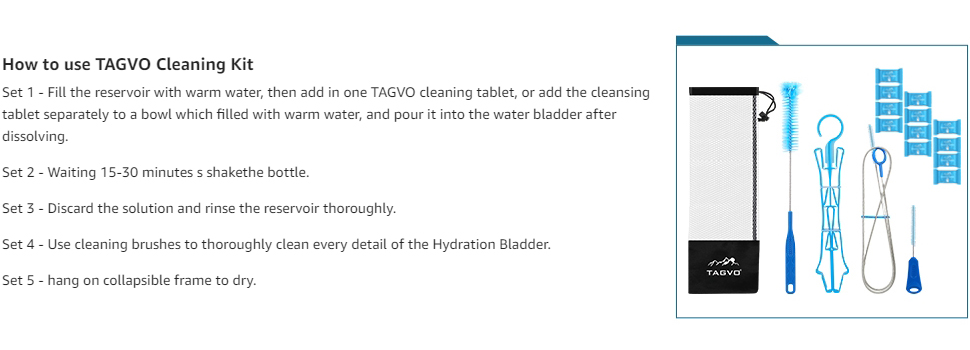 TAGVO Hydration Bladder Cleaning Kit, 6 in 1 Water Bladder Cleaner Set - 3  Brushes, Collapsible Hanger, 12 Cleaning Tablets & Carry Pouch, Water