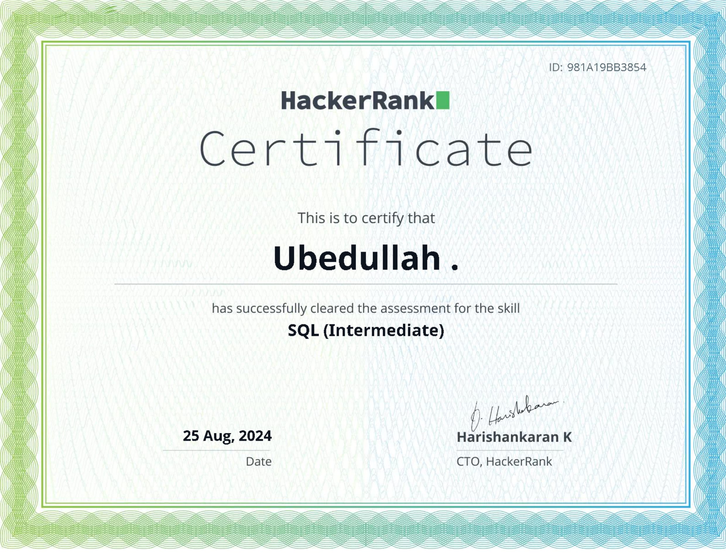 Hackerrank SQL Intermediate certificate