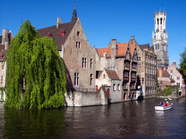 Bruges Rozenhoedkaai with belfry tower