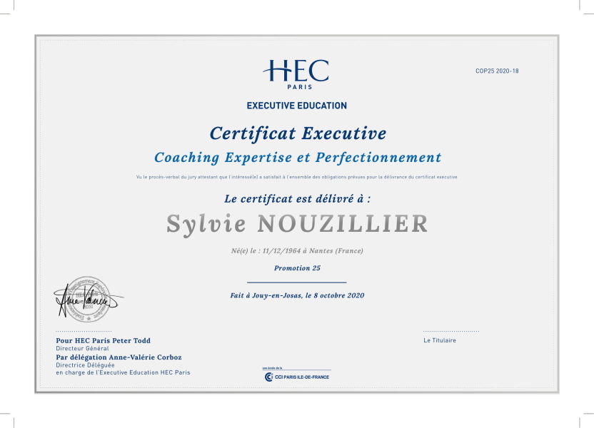 Certificat d'HEC Paris pour Sylvie Nouzillier, coach en développement