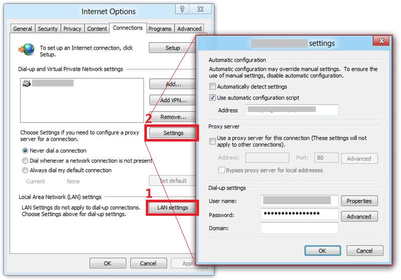 Figure 1: Proxy setting in Internet Options in Windows