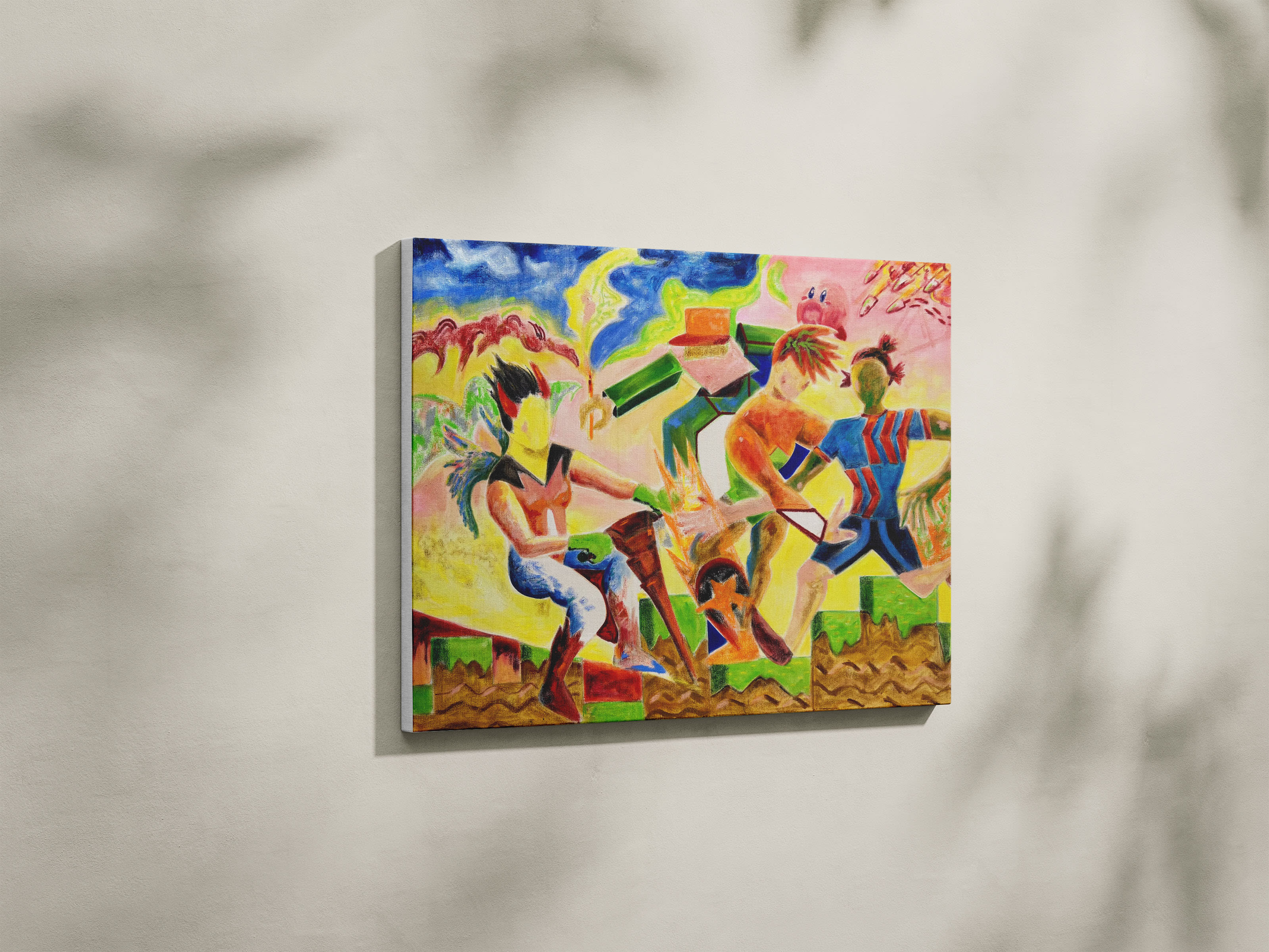 Diagonal or side on Photo of the Virtual Society artwork by Chia Min Hsia, on a shadowed wall in a gallery