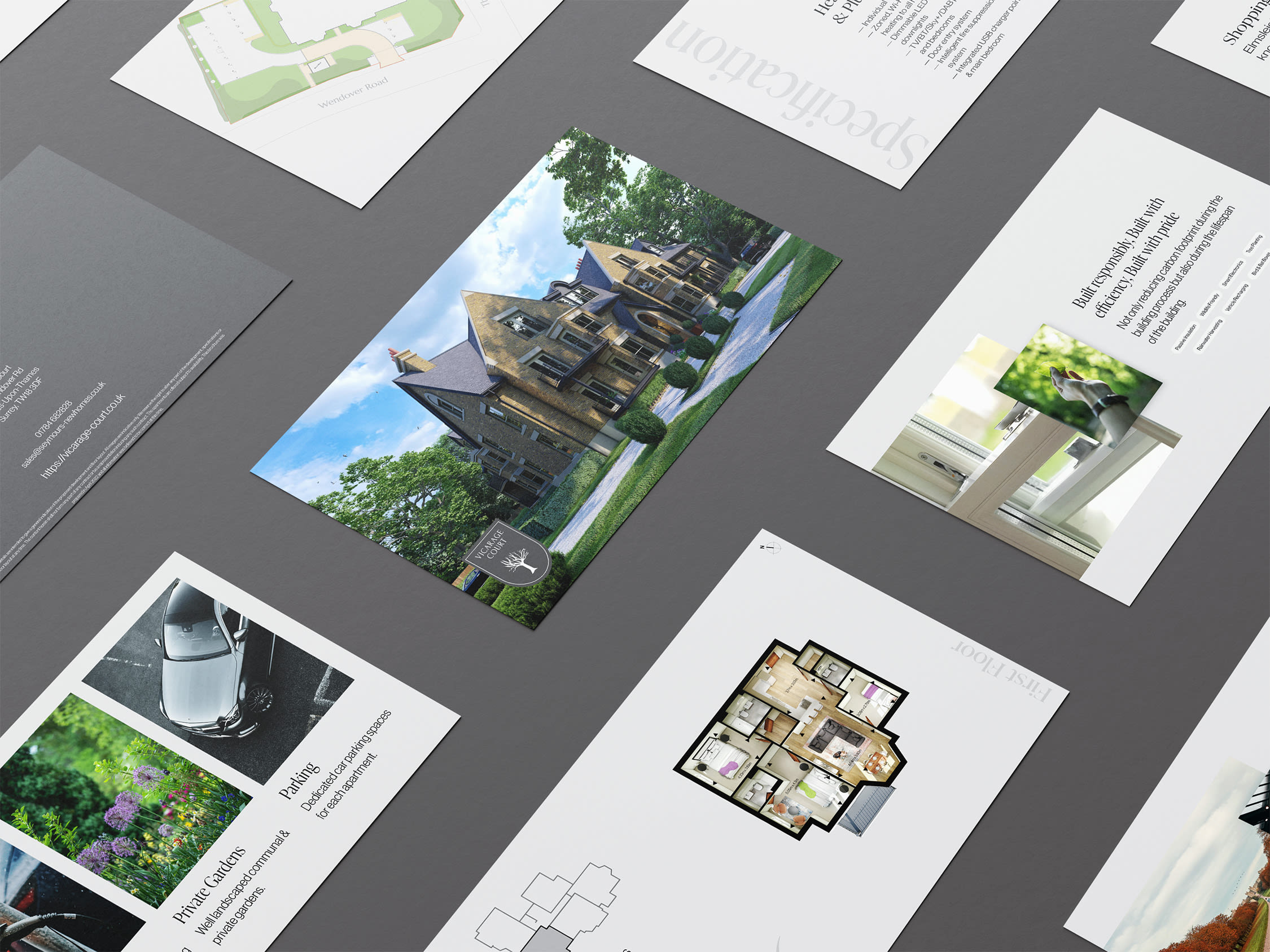 Collage of slides from the brochure for Vicarage Court