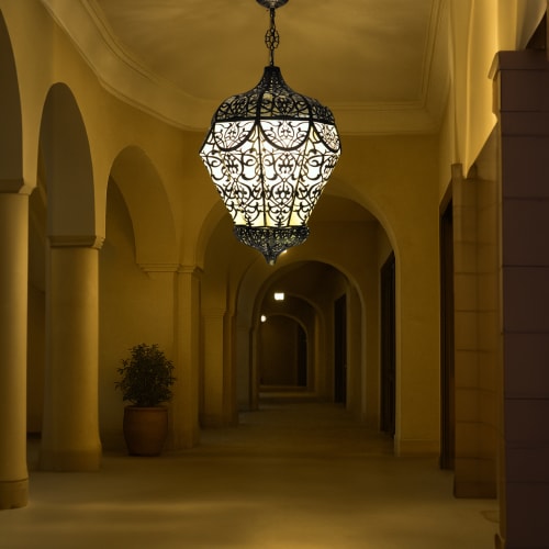 Moroccan Pendant Chandelier - Antique Brass, Filigree Pattern